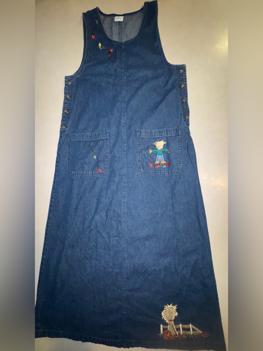 Vintage 90s Embroidered Denim Dress M Autumn Fall Leaves Scarecrow Halloween